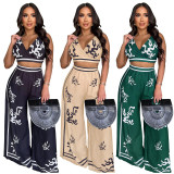 Summer Sexy Print Halter V Neck Vest Wide Leg Pants Two Piece Set