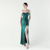 Women Evening Sequined Fishbone Vest Beaded Suspender Slit Evening Dress