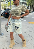 Women street fashion washed Ripped Patchwork Denim three-quarter pants