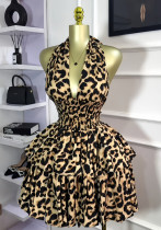 Women Summer Sleeveless Halter Neck Leopard Pleated Puffy Mini Dress Women Summer Sleeveless Halter Neck Leopard Pleated Puffy Mini Dress