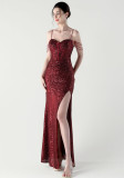 Women Evening Sequined Fishbone Vest Beaded Suspender Slit Evening Dress
