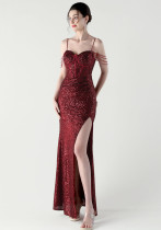 Women Evening Sequined Fishbone Vest Beaded Suspender Slit Evening Dress