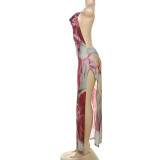 Women sexy Backless lace Halter Neck French slit dress