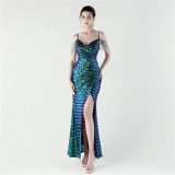 Women Evening V Neck Sequined Slit Evening Dress