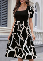 Women Career Knitting PrintStretchy square neck short sleeve puff sleeve dress Women Career Knitting PrintStretchy square neck short sleeve puff sleeve dress