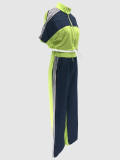 Women Color Blocking Contrast Sports Casual Top + Wide Leg Pants Two-piece Set