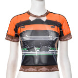 Women Spring and Summer Print See-Through Mesh Round Neck Top and Bell Bottom Pants two-piece set