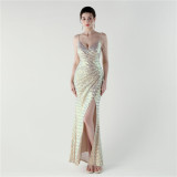 Women Evening V Neck Sequined Slit Evening Dress