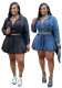 Women Casual Washed Long Sleeve Top and Denim Skirt Two-piece Set