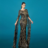 Women long sleeve Round Neck sequin Formal Party Bodycon fishtail evening dress