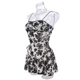 Women Stretchy Mesh Flocked Backless Sexy See-Through Lace-Up Dress