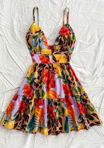 Women flower print hollow suspender V-neck backless sexy holidays beach dress Women flower print hollow suspender V-neck backless sexy holidays beach dress