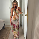 Women sexy Backless lace Halter Neck French slit dress