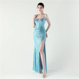 Women Evening Sequined Fishbone Vest Beaded Suspender Slit Evening Dress