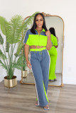 Women Color Blocking Contrast Sports Casual Top + Wide Leg Pants Two-piece Set