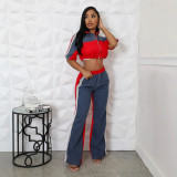Women Color Blocking Contrast Sports Casual Top + Wide Leg Pants Two-piece Set