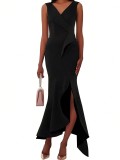 Plus Size Women Elegant V-neck Ruffle Irregular Maxi Dress