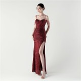 Women Evening Sequined Fishbone Vest Beaded Suspender Slit Evening Dress