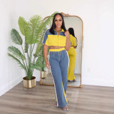 Women Color Blocking Contrast Sports Casual Top + Wide Leg Pants Two-piece Set
