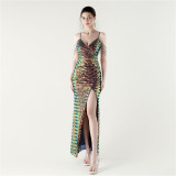 Women Evening V Neck Sequined Slit Evening Dress