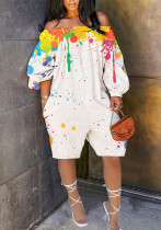 Plus Size Summer Women Graffiti Off Shoulder Cargo Shorts
