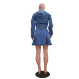 Women Casual Washed Long Sleeve Top and Denim Skirt Two-piece Set