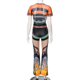 Women Spring and Summer Print See-Through Mesh Round Neck Top and Bell Bottom Pants two-piece set