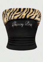 Women sexy Letter Beaded leopard print Crop Top Strapless Tank Top