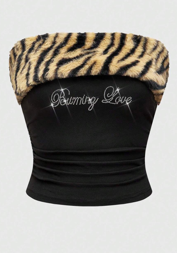 Women sexy Letter Beaded leopard print Crop Top Strapless Tank Top
