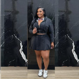Women Casual Washed Long Sleeve Top and Denim Skirt Two-piece Set