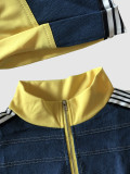 Women Color Blocking Contrast Sports Casual Top + Wide Leg Pants Two-piece Set