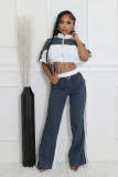 Women Color Blocking Contrast Sports Casual Top + Wide Leg Pants Two-piece Set