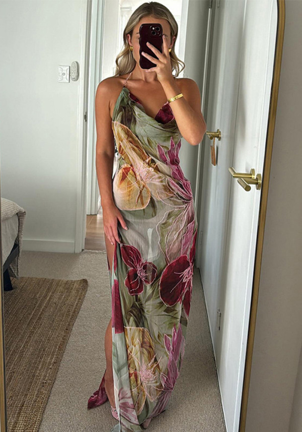 Women sexy Backless lace Halter Neck French slit dress