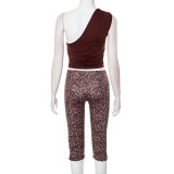 Women spring and summer off-shoulder digital Print Top and Pants two-piece set