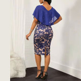 Plus Size Women spring printed sexy slit V-neck dress