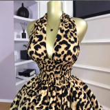 Women Summer Sleeveless Halter Neck Leopard Pleated Puffy Mini Dress