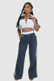 Women Color Blocking Contrast Sports Casual Top + Wide Leg Pants Two-piece Set