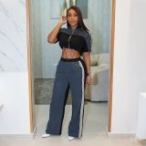Women Color Blocking Contrast Sports Casual Top + Wide Leg Pants Two-piece Set