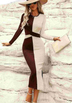 Women Crepe Knitting Stretchy Contrast Patchwork Lace-Up Bowknot Slit Long Sleeve Dress Women Crepe Knitting Stretchy Contrast Patchwork Lace-Up Bowknot Slit Long Sleeve Dress