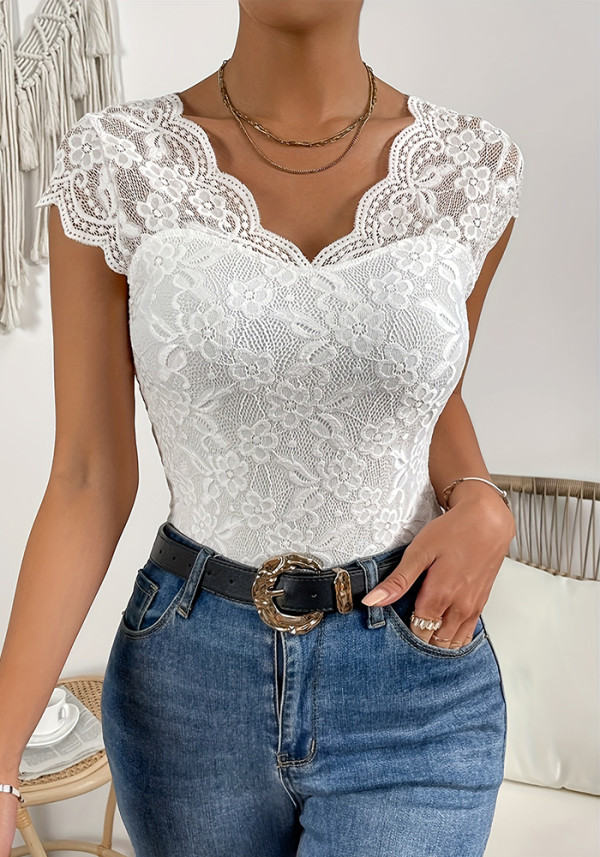 Women solid sexy lace casual top