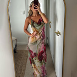 Women sexy Backless lace Halter Neck French slit dress