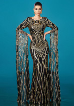 Women long sleeve Round Neck sequin Formal Party Bodycon fishtail evening dress