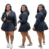 Women Casual Washed Long Sleeve Top and Denim Skirt Two-piece Set
