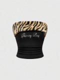 Women sexy Letter Beaded leopard print Crop Top Strapless Tank Top