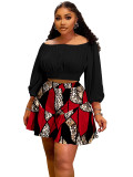 Plus Size Women Pleated Off Shoulder Top and Printed Shorts Casual Two-piece Set