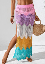 Women Summer Contrast Patchwork Wave Pattern Sexy Split Skirt Women Summer Contrast Patchwork Wave Pattern Sexy Split Skirt