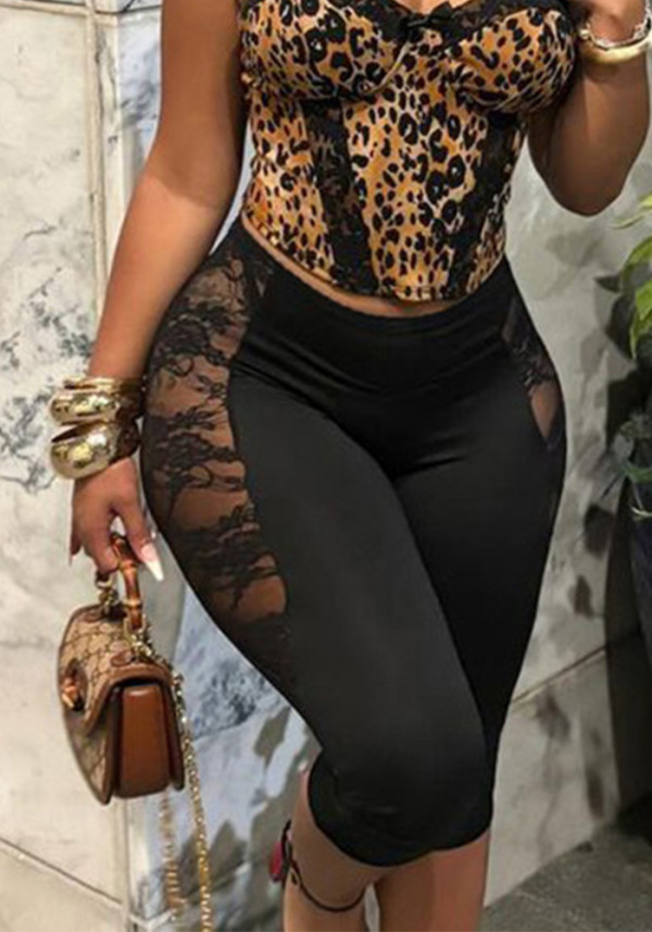 Women spring and summer mesh lace See-Through Solid cropped pants