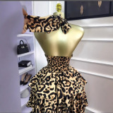 Women Summer Sleeveless Halter Neck Leopard Pleated Puffy Mini Dress