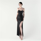 Women Evening Sequined Fishbone Vest Beaded Suspender Slit Evening Dress