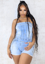 Women summer stretchy metal cross Patchwork Denim Strapless Cargo Shorts